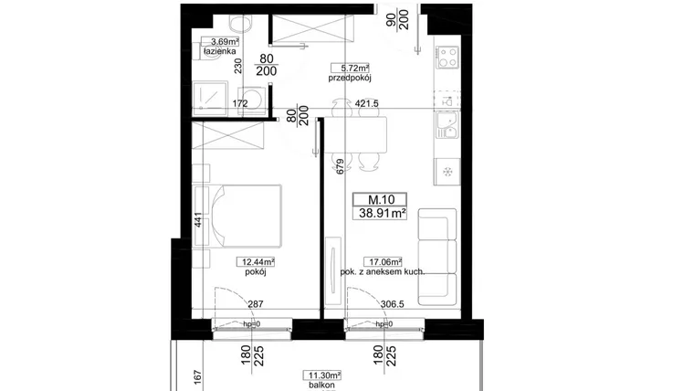 Rzut - Mieszkanie na sprzedaż 2 pokoje o powierzchni 38,91 m² - numer 2.10 w Kalamita II