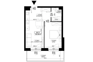 Rzut - Mieszkanie na sprzedaż 2 pokoje o powierzchni 38,9 m² - numer 2.11 w Kalamita II