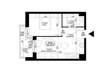 Rzut - Mieszkanie na sprzedaż 2 pokoje o powierzchni 35,43 m² - numer 2.23 w Kalamita II