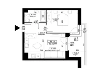 Rzut - Mieszkanie na sprzedaż 2 pokoje o powierzchni 36,59 m² - numer 2.28 w Kalamita II
