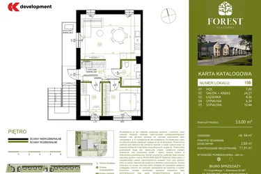 Rzut - Mieszkanie na sprzedaż 3 pokoje o powierzchni 53,01 m² - numer 13B w Wiązowna Forest