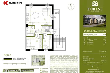 Rzut - Mieszkanie na sprzedaż 3 pokoje o powierzchni 53,01 m² - numer 14B w Wiązowna Forest