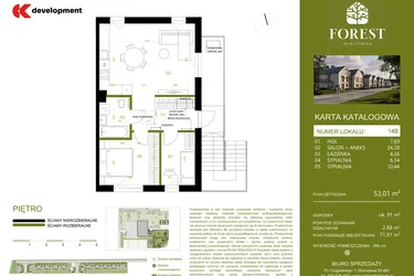 Rzut - Mieszkanie na sprzedaż 3 pokoje o powierzchni 53,01 m² - numer 14B w Wiązowna Forest