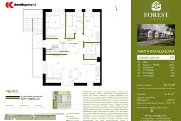 Rzut - Mieszkanie na sprzedaż 4 pokoje o powierzchni 68,75 m² - numer 24B w Wiązowna Forest