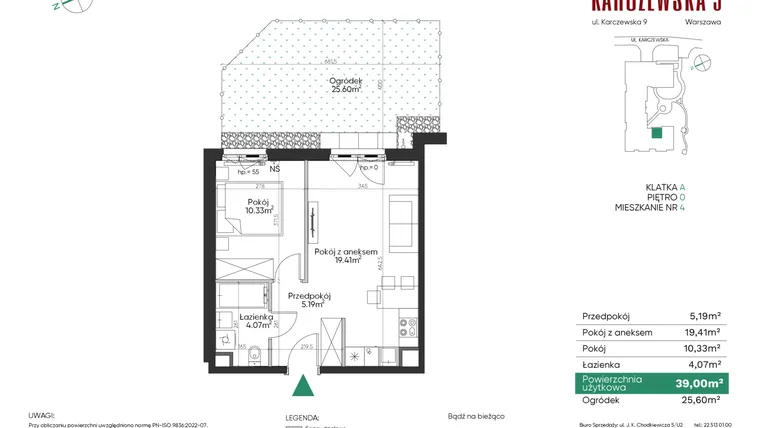 Rzut - Mieszkanie na sprzedaż 2 pokoje o powierzchni 39 m² - numer 4 w Karczewska 9