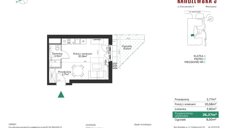Rzut - Mieszkanie na sprzedaż 1 pokój o powierzchni 26,27 m² - numer 2 w Karczewska 9