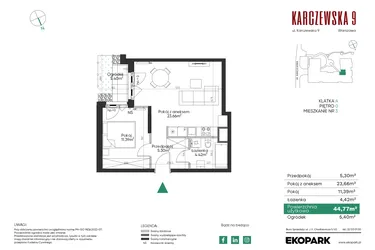 Rzut - Mieszkanie na sprzedaż 2 pokoje o powierzchni 44,77 m² - numer 3 w Karczewska 9