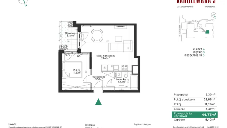 Rzut - Mieszkanie na sprzedaż 2 pokoje o powierzchni 44,77 m² - numer 3 w Karczewska 9