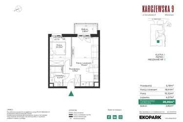 Rzut - Mieszkanie na sprzedaż 2 pokoje o powierzchni 39 m² - numer 12 w Karczewska 9