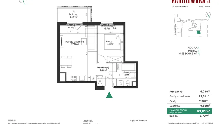 Rzut - Mieszkanie na sprzedaż 2 pokoje o powierzchni 43,81 m² - numer 10 w Karczewska 9