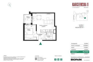 Rzut - Mieszkanie na sprzedaż 2 pokoje o powierzchni 44,77 m² - numer 19 w Karczewska 9