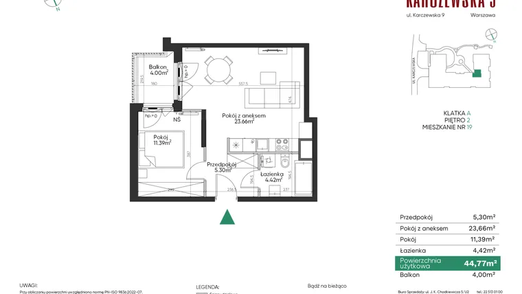 Rzut - Mieszkanie na sprzedaż 2 pokoje o powierzchni 44,77 m² - numer 19 w Karczewska 9