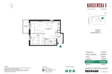 Rzut - Mieszkanie na sprzedaż 2 pokoje o powierzchni 49,92 m² - numer 13 w Karczewska 9