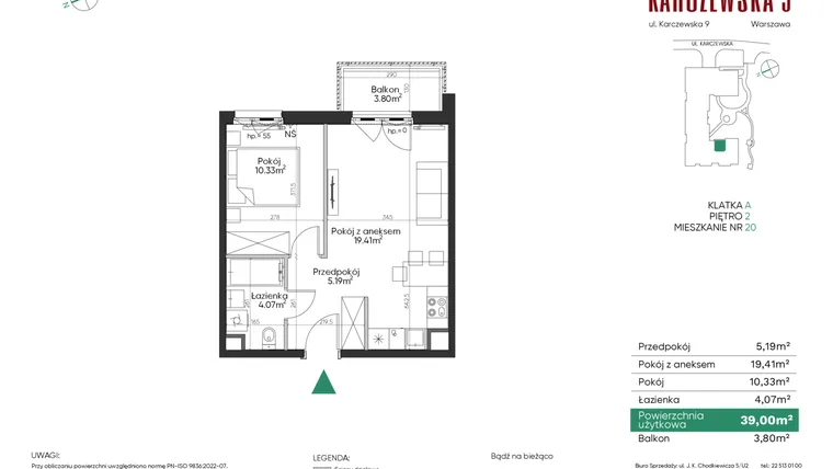 Rzut - Mieszkanie na sprzedaż 2 pokoje o powierzchni 39 m² - numer 20 w Karczewska 9