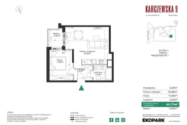 Rzut - Mieszkanie na sprzedaż 2 pokoje o powierzchni 44,77 m² - numer 11 w Karczewska 9