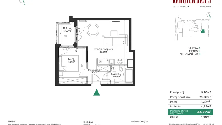 Rzut - Mieszkanie na sprzedaż 2 pokoje o powierzchni 44,77 m² - numer 11 w Karczewska 9