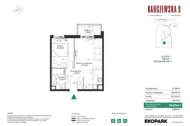 Rzut - Mieszkanie na sprzedaż 2 pokoje o powierzchni 39 m² - numer 28 w Karczewska 9
