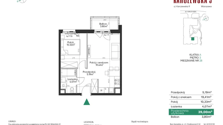 Rzut - Mieszkanie na sprzedaż 2 pokoje o powierzchni 39 m² - numer 28 w Karczewska 9