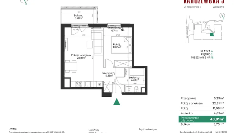 Rzut - Mieszkanie na sprzedaż 2 pokoje o powierzchni 43,81 m² - numer 18 w Karczewska 9