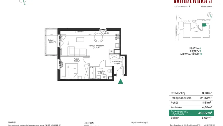 Rzut - Mieszkanie na sprzedaż 2 pokoje o powierzchni 49,92 m² - numer 29 w Karczewska 9