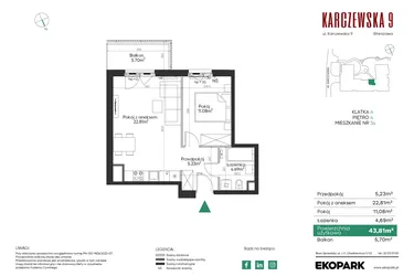 Rzut - Mieszkanie na sprzedaż 2 pokoje o powierzchni 43,81 m² - numer 34 w Karczewska 9
