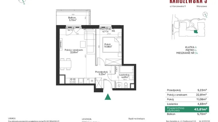 Rzut - Mieszkanie na sprzedaż 2 pokoje o powierzchni 43,81 m² - numer 34 w Karczewska 9