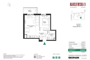 Rzut - Mieszkanie na sprzedaż 2 pokoje o powierzchni 43,81 m² - numer 26 w Karczewska 9