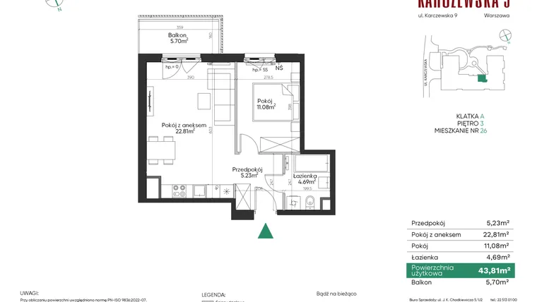 Rzut - Mieszkanie na sprzedaż 2 pokoje o powierzchni 43,81 m² - numer 26 w Karczewska 9