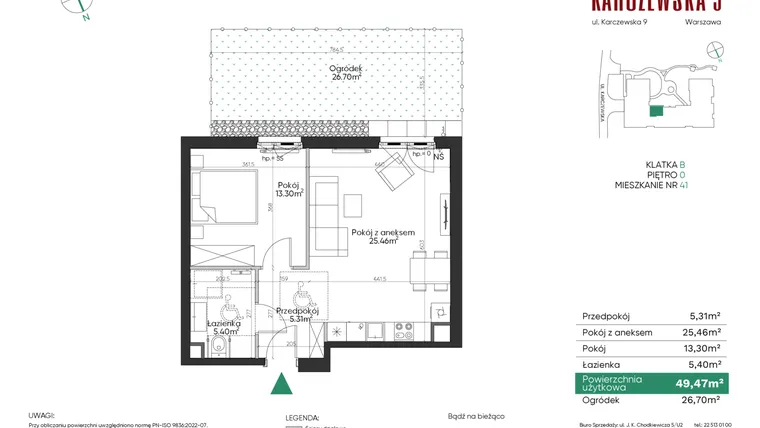 Rzut - Mieszkanie na sprzedaż 2 pokoje o powierzchni 49,47 m² - numer 41 w Karczewska 9