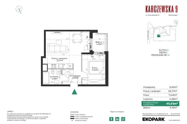 Rzut - Mieszkanie na sprzedaż 2 pokoje o powierzchni 45,03 m² - numer 45 w Karczewska 9