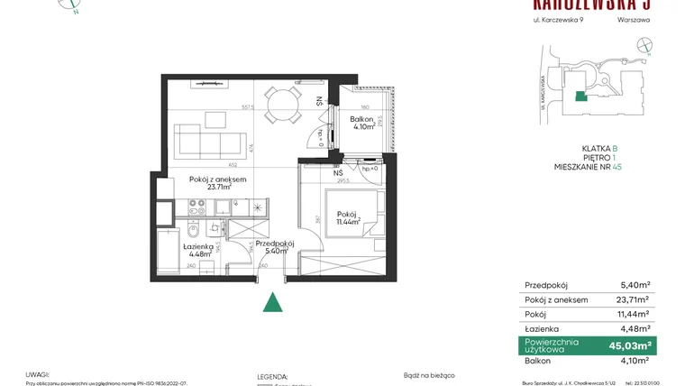 Rzut - Mieszkanie na sprzedaż 2 pokoje o powierzchni 45,03 m² - numer 45 w Karczewska 9