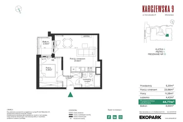 Rzut - Mieszkanie na sprzedaż 2 pokoje o powierzchni 44,77 m² - numer 35 w Karczewska 9