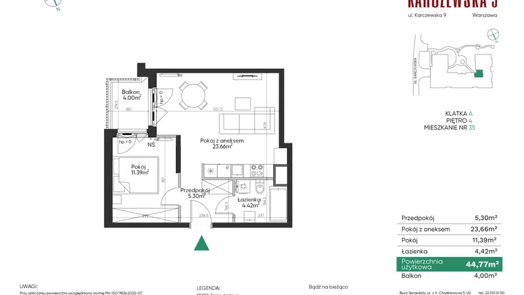 Rzut - Mieszkanie na sprzedaż 2 pokoje o powierzchni 44,77 m² - numer 35 w Karczewska 9