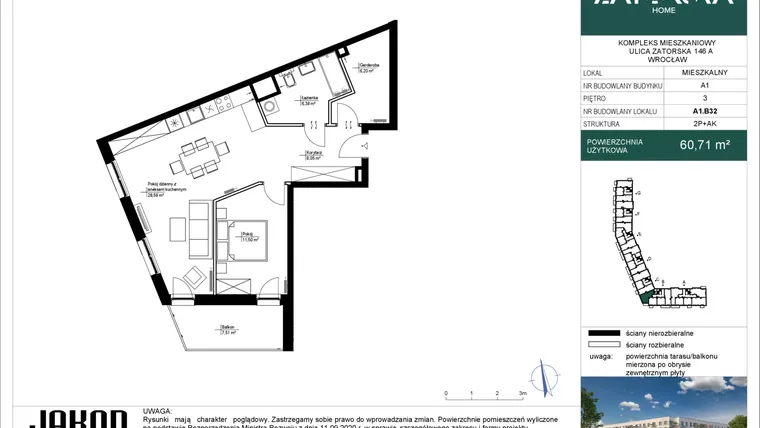 Rzut - Mieszkanie na sprzedaż 2 pokoje o powierzchni 60,71 m² - numer A1.B32 w Zatorska Home
