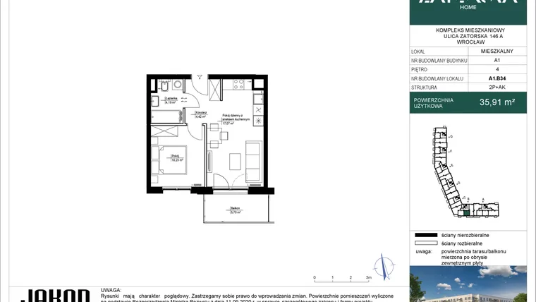 Rzut - Mieszkanie na sprzedaż 2 pokoje o powierzchni 35,91 m² - numer A1.B34 w Zatorska Home