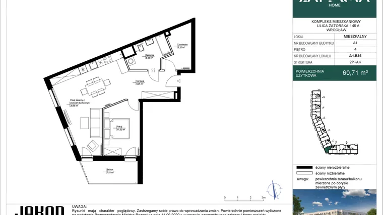 Rzut - Mieszkanie na sprzedaż 2 pokoje o powierzchni 60,71 m² - numer A1.B36 w Zatorska Home