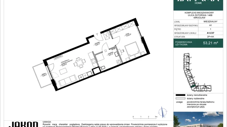 Rzut - Mieszkanie na sprzedaż 2 pokoje o powierzchni 53,21 m² - numer A1.C37 w Zatorska Home