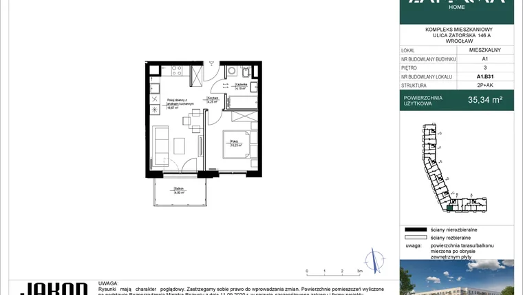 Rzut - Mieszkanie na sprzedaż 2 pokoje o powierzchni 35,34 m² - numer A1.B31 w Zatorska Home