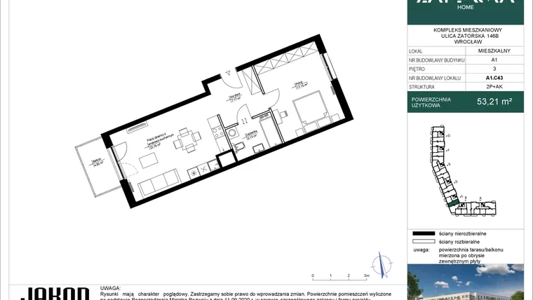 Rzut - Mieszkanie na sprzedaż 2 pokoje o powierzchni 53,21 m² - numer A1.C43 w Zatorska Home