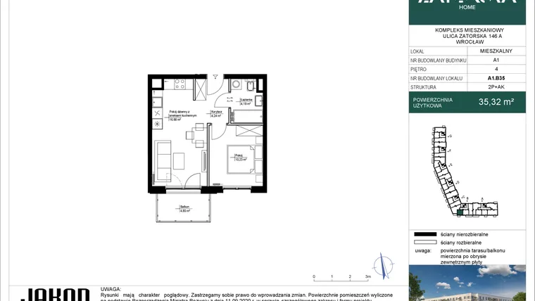 Rzut - Mieszkanie na sprzedaż 2 pokoje o powierzchni 35,32 m² - numer A1.B35 w Zatorska Home