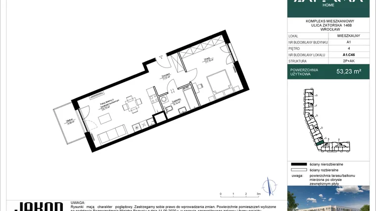 Rzut - Mieszkanie na sprzedaż 2 pokoje o powierzchni 53,23 m² - numer A1.C46 w Zatorska Home