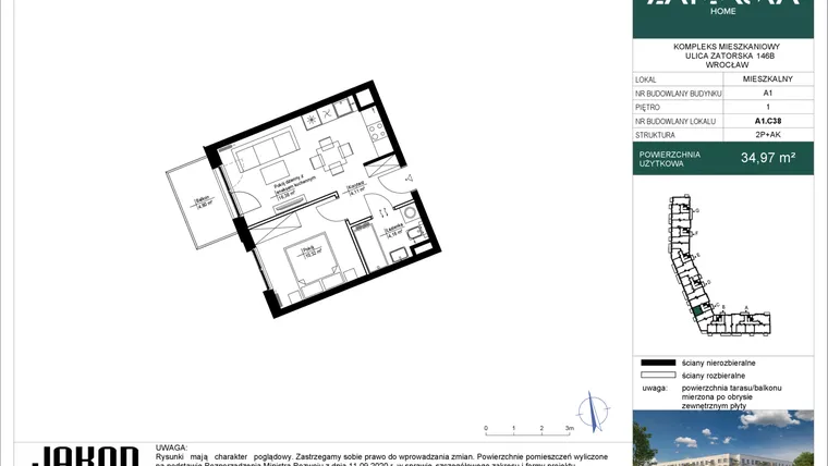 Rzut - Mieszkanie na sprzedaż 2 pokoje o powierzchni 34,97 m² - numer A1.C38 w Zatorska Home