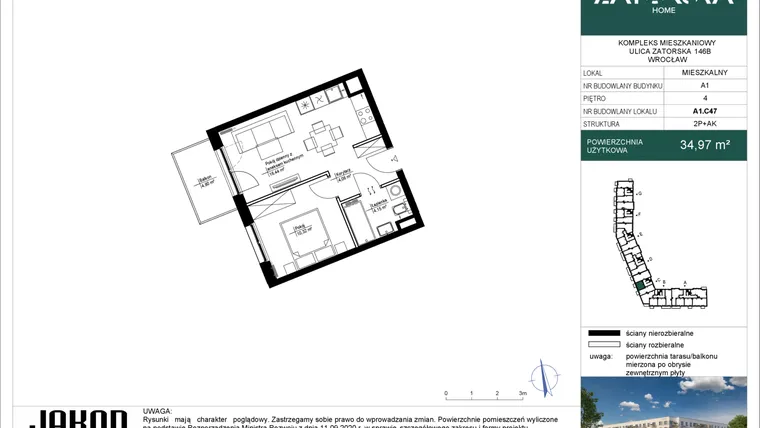 Rzut - Mieszkanie na sprzedaż 2 pokoje o powierzchni 34,97 m² - numer A1.C47 w Zatorska Home