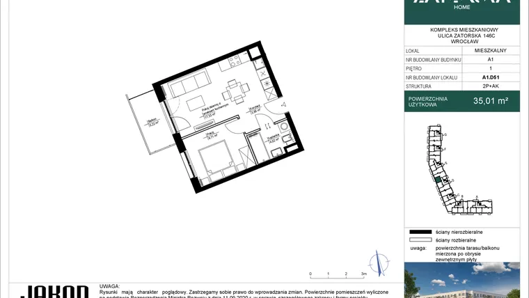Rzut - Mieszkanie na sprzedaż 2 pokoje o powierzchni 35,01 m² - numer A1.D51 w Zatorska Home