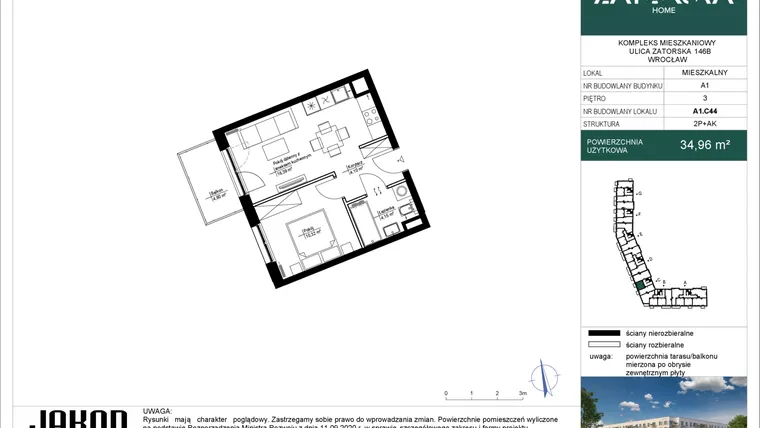 Rzut - Mieszkanie na sprzedaż 2 pokoje o powierzchni 34,96 m² - numer A1.C44 w Zatorska Home