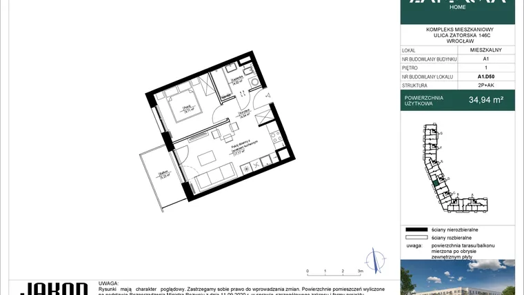 Rzut - Mieszkanie na sprzedaż 2 pokoje o powierzchni 34,94 m² - numer A1.D50 w Zatorska Home