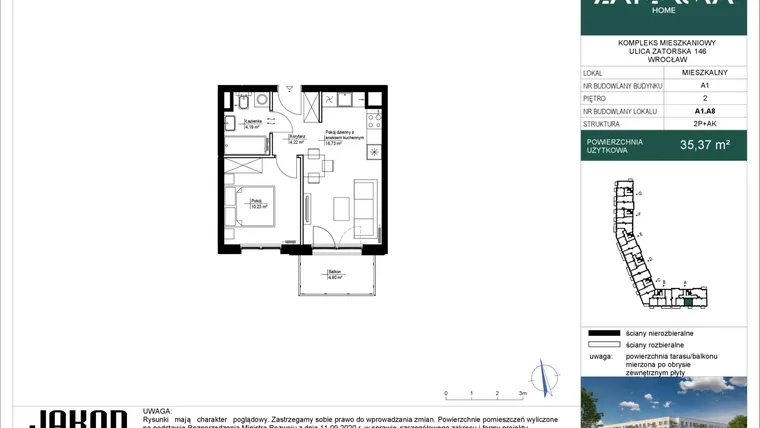 Rzut - Mieszkanie na sprzedaż 2 pokoje o powierzchni 35,37 m² - numer A1.A8 w Zatorska Home