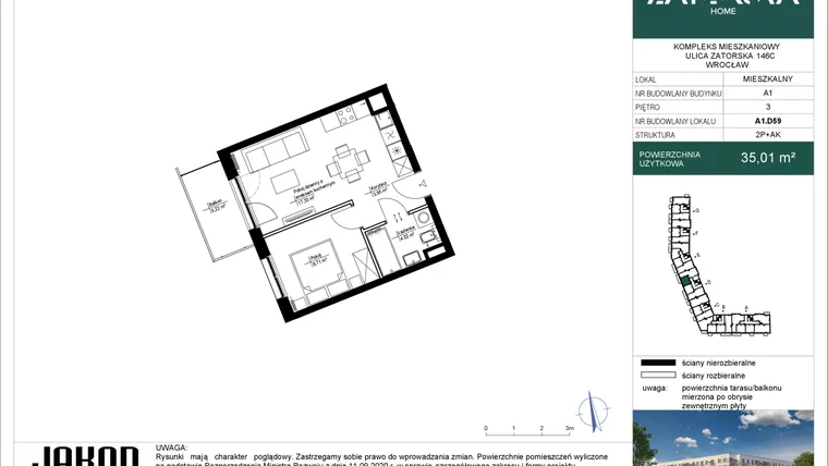 Rzut - Mieszkanie na sprzedaż 2 pokoje o powierzchni 35,01 m² - numer A1.D59 w Zatorska Home