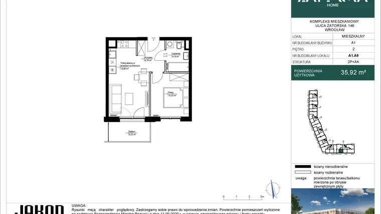 Rzut - Mieszkanie na sprzedaż 2 pokoje o powierzchni 35,92 m² - numer A1.A9 w Zatorska Home