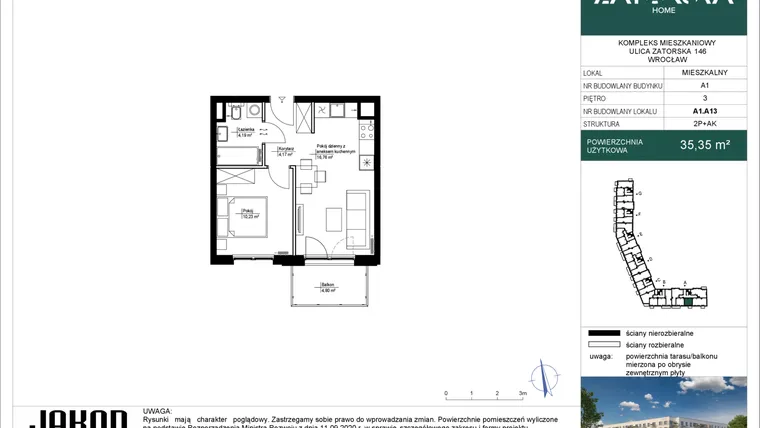 Rzut - Mieszkanie na sprzedaż 2 pokoje o powierzchni 35,35 m² - numer A1.A13 w Zatorska Home